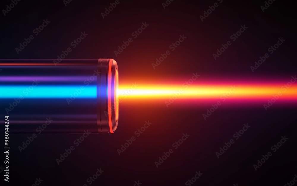 A vibrant beam of light emerges from a futuristic tube, showcasing dynamic colors against a dark background.