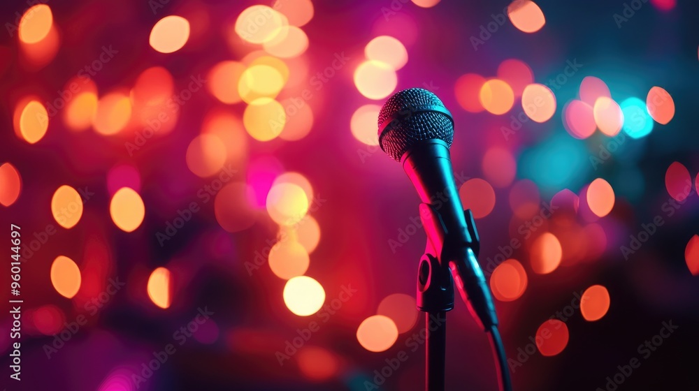 Obraz premium Close-up of a microphone stand on stage, surrounded by vibrant bokeh lights, ready for the upcoming performance.