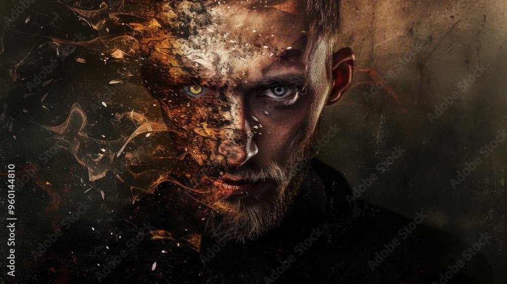 A striking digital portrait of a man with half his face engulfed in fiery, explosive effects, contrasting with his intense gaze. The image merges realism and fantasy, creating a dramatic visual impact