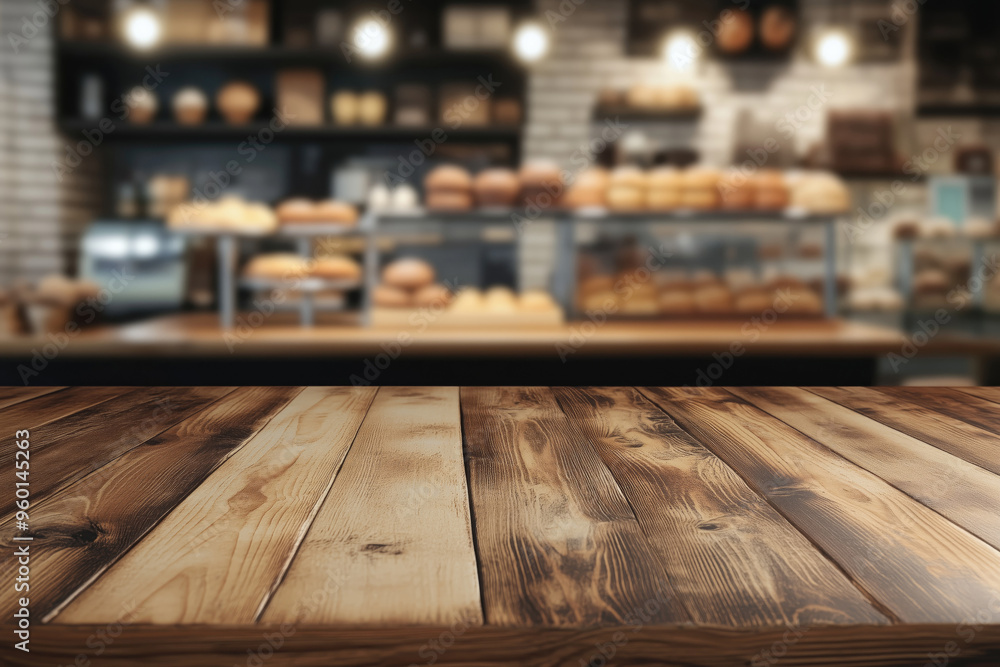 close-up of a rustic wooden table with a smooth surface in the foreground. The background is blurred, displaying a cozy bakery with shelves of bread, giving a warm, inviting atmosphere close-up of a rustic wooden table with a smooth surface in the foreground. The background is blurred, displaying a cozy bakery with shelves of bread, giving a warm, inviting atmosphere