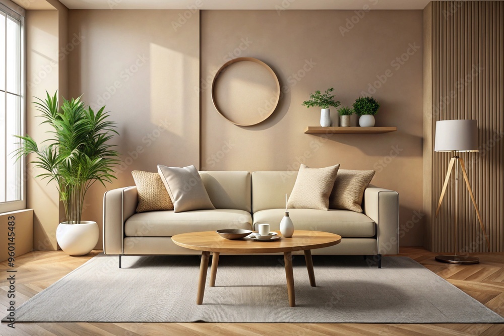 Round accent coffee table near beige sofa against wall with frame. Minimalist interior design of modern living room Round accent coffee table near beige sofa against wall with frame. Minimalist interior design of modern living room