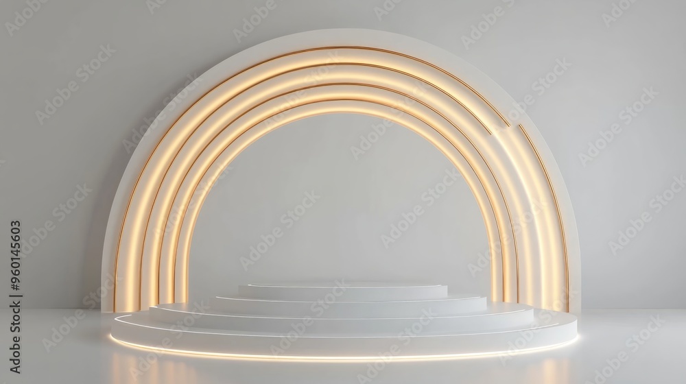 Realistic white display stand with golden curve lines scene, podium showing product for promotion sales and marketing. luxury style background. 3d vector illustration Realistic white display stand with golden curve lines scene, podium showing product for promotion sales and marketing. luxury style background. 3d vector illustration