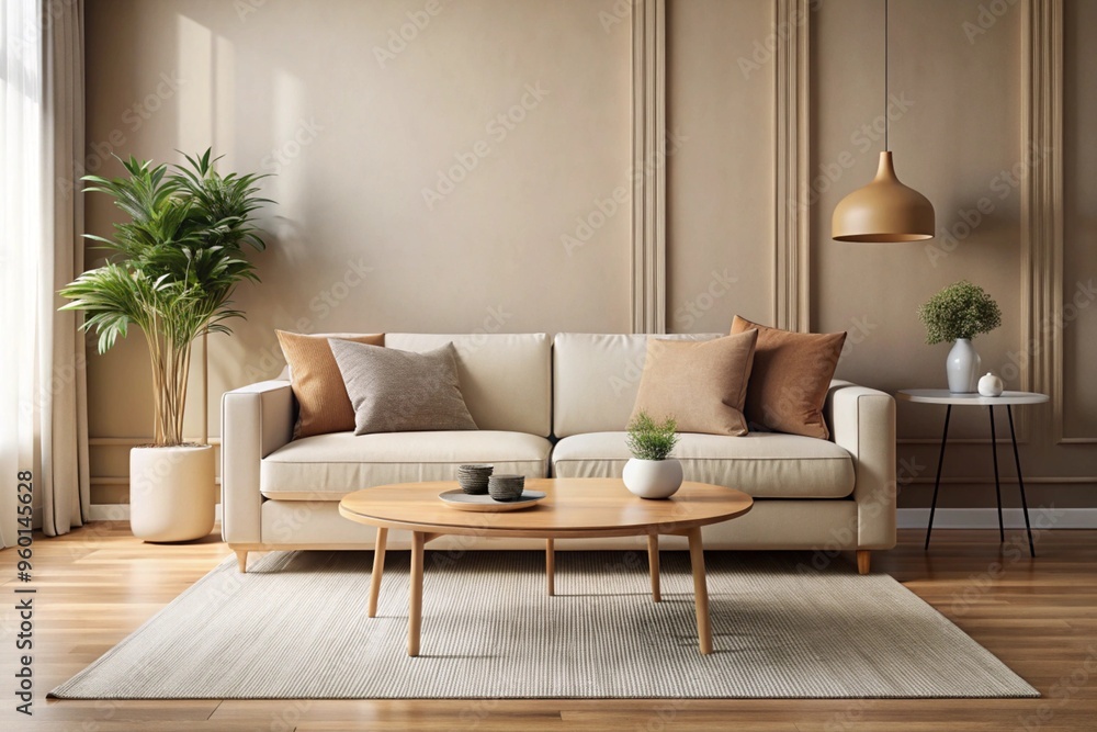 Round accent coffee table near beige sofa against wall with frame. Minimalist interior design of modern living room Round accent coffee table near beige sofa against wall with frame. Minimalist interior design of modern living room