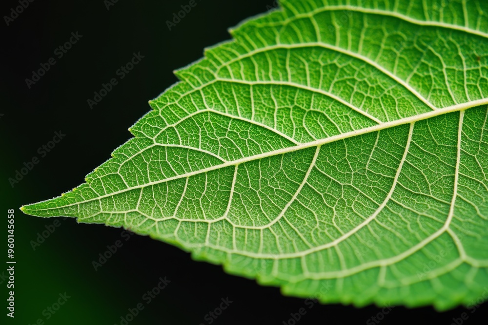 Close-up of a vibrant green leaf showcasing intricate vein patterns and a smooth surface against a blurred dark background. Close-up of a vibrant green leaf showcasing intricate vein patterns and a smooth surface against a blurred dark background.