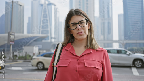 Photography A young woman in glasses stands before modern dubai skyscrapers, embodying urban travel and the beauty of diversity