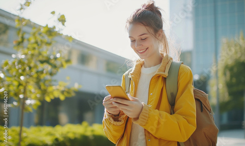 In this picture, there is a young woman standing outdoors. Wear a bright yellow jacket and carry a cell phone. She looked happy and was smiling as she stared at the phone screen.