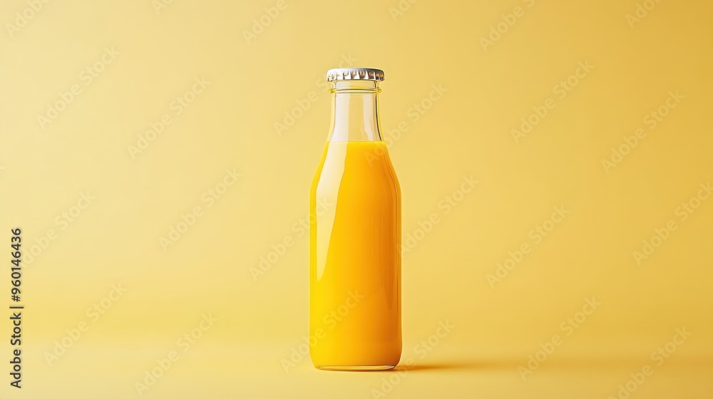 A glass bottle filled with vibrant orange juice against a bright yellow background. A glass bottle filled with vibrant orange juice against a bright yellow background.
