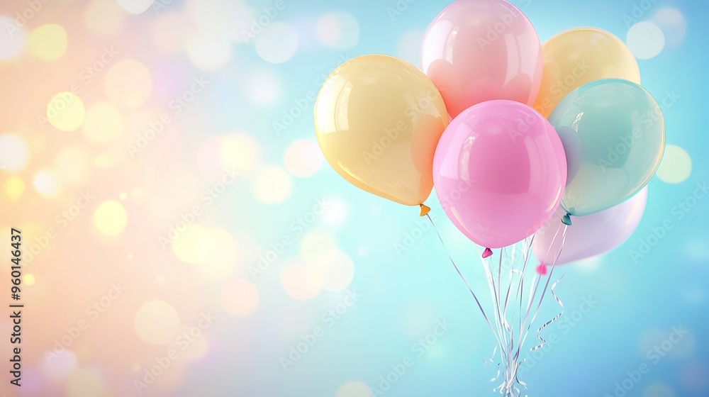 Vividly illustrated helium balloons float gracefully against a blurred backdrop, their vibrant hues adding a festive touch. Pastel-toned balloons, perfect for birthdays, parties, weddings Vividly illustrated helium balloons float gracefully against a blurred backdrop, their vibrant hues adding a festive touch. Pastel-toned balloons, perfect for birthdays, parties, weddings