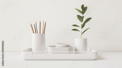 Minimalistic desk setup with a small plant, pencils, and a clean white tray for a modern and organized workspace. High quality photo photo