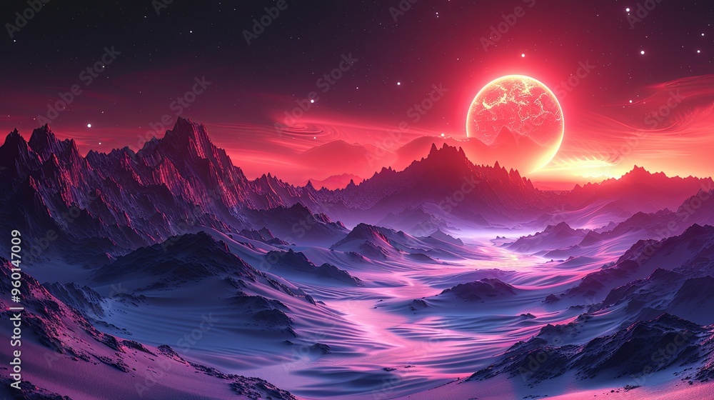 3d render, futuristic neon background, pink blue zigzag line glowing in the desert under the night sky. Terrain landscape in ultraviolet spectrum 3d render, futuristic neon background, pink blue zigzag line glowing in the desert under the night sky. Terrain landscape in ultraviolet spectrum