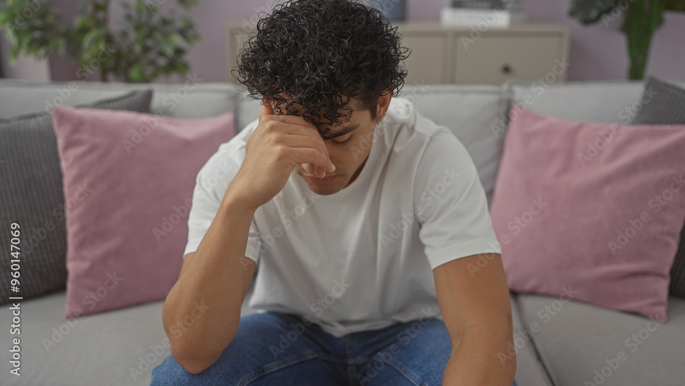 A distressed young hispanic man sitting on a grey couch indoors with his forehead in hand.