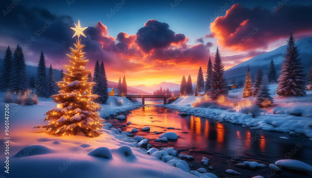 Obraz premium A winter landscape at dusk featuring a beautifully illuminated Christmas tree adorned with lights and a tranquil river reflecting the vibrant hues of a sunset