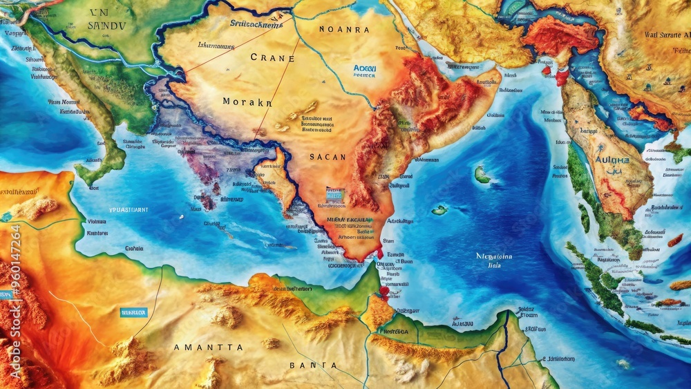 Vibrant red and blue illustrated map of the Red Sea, featuring countries' borders, surrounding deserts, and sea routes, perfect for educational or travel projects. Vibrant red and blue illustrated map of the Red Sea, featuring countries' borders, surrounding deserts, and sea routes, perfect for educational or travel projects.