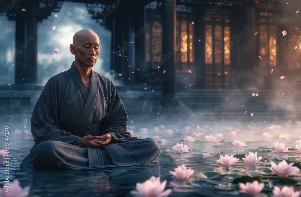 Fototapeta premium An Asian monk meditates in a lotus position, surrounded by mist and pink flowers floating on the water surface of an ancient temple courtyard. He has a kind face with closed eyes, wearing gray robes