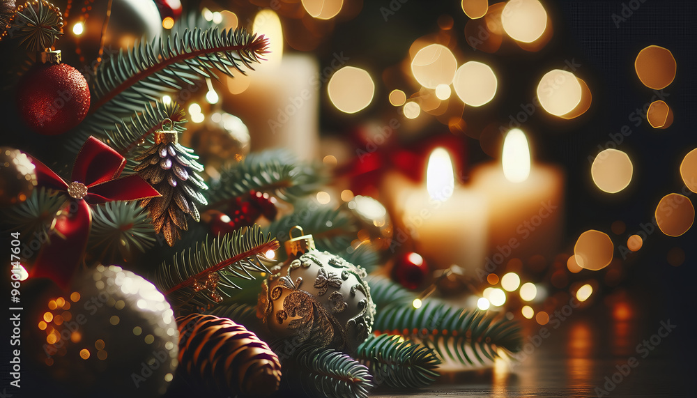 Close-up of a festive Christmas tree with lights and ornaments, creating a warm holiday atmosphere. Close-up of a festive Christmas tree with lights and ornaments, creating a warm holiday atmosphere.