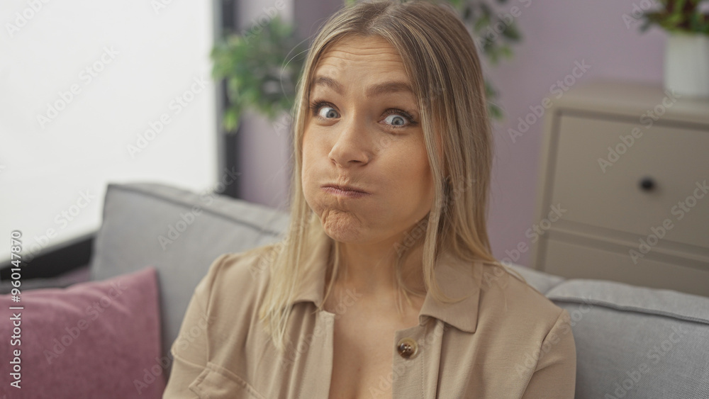 A young attractive blonde woman making a funny face while sitting in a living room with neutral decor and indoor plants. A young attractive blonde woman making a funny face while sitting in a living room with neutral decor and indoor plants.