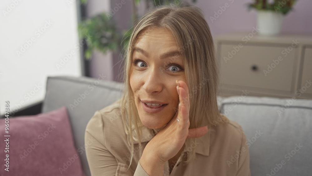 A young beautiful blonde woman seated in a cozy living room whispers with a cheerful expression, surrounded by home décor. A young beautiful blonde woman seated in a cozy living room whispers with a cheerful expression, surrounded by home décor.