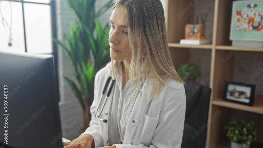 Blonde female doctor working indoors in a clinic workspace with plants and bookshelves in the background, focused on a computer screen. Blonde female doctor working indoors in a clinic workspace with plants and bookshelves in the background, focused on a computer screen.