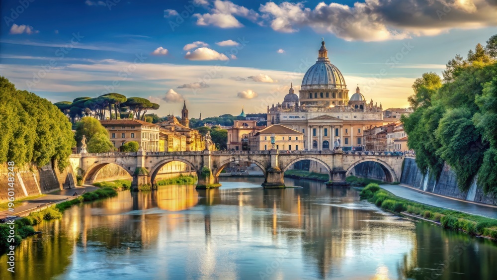 Fototapeta premium Scenic view of Tiber River and St Peter Basilica in Vatican City
