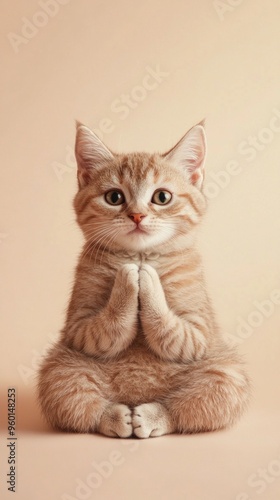 Adorable kitten in a prayer pose. A cute, orange tabby kitten sits with its paws together as if in a prayer position. The soft beige background emphasizes the kitten's innocence and charm in a vertica photo