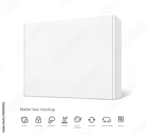 Realistic close white mailing box mockup with set icons. Half side view. Ready for presentation your product. Vector illustration isolated on white background. EPS10.