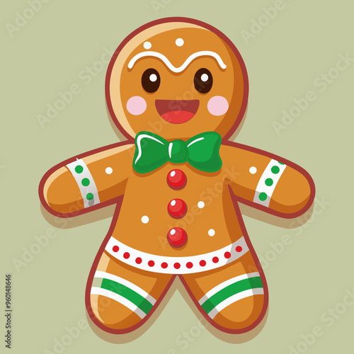 A charming gingerbread man is wearing a green bow tie along with some fun socks