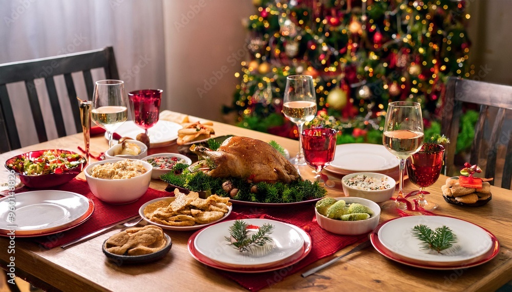 A Christmas dinner table setting with a roasted turkey, side dishes, and wine glasses. A Christmas dinner table setting with a roasted turkey, side dishes, and wine glasses.