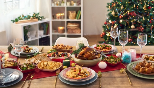 A festive Christmas dinner table setting with a roasted turkey, various side dishes, and wine glasses.