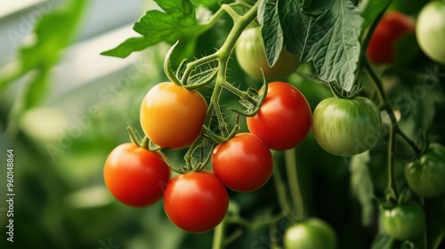 Various tomatoes, including cherry and bush types, displayed. photo