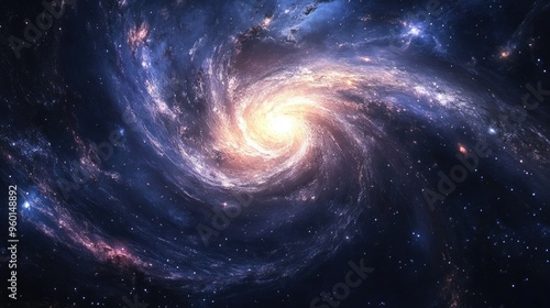 Distant galaxy with spiral arms, stars glowing brightly in the infinite cosmos.