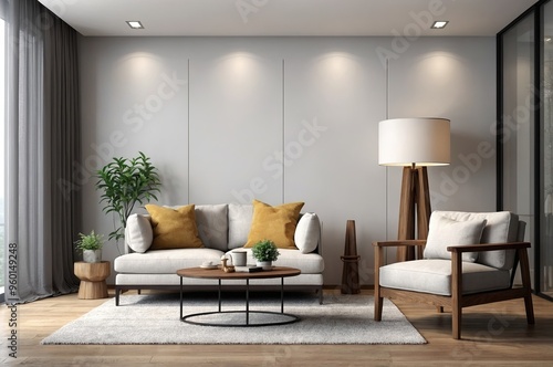 A modern living room with a gray sectional sofa, white throw pillows, and potted plants on a wooden shelf against a white wall with recessed lighting