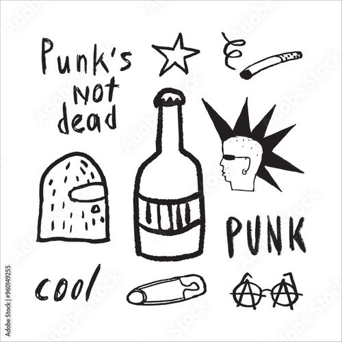 Punk music hand drawn elements set. Quirky lettering, Punk character with mohawk, bottle of alcohol, anarchy symbol, balaclava, cigarette, pin.