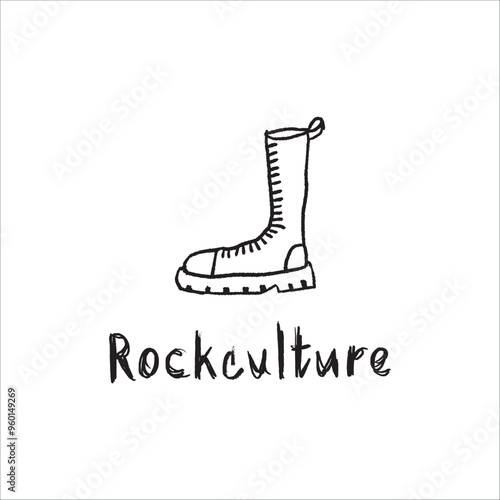 Hand drawn boot illustration and word RockCulture. Vector boot image with scratched texture, grunge vector concept on a white background.