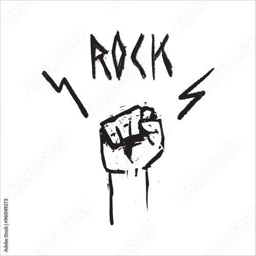 Hand drawn fist icon and word Rock with lightings. Vector fist image with scratched texture, grunge vector concept on a white background.