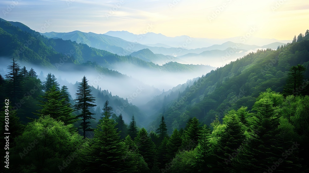 A serene mountain landscape enveloped in mist, showcasing lush greenery and majestic peaks under a soft, glowing sky. A serene mountain landscape enveloped in mist, showcasing lush greenery and majestic peaks under a soft, glowing sky.