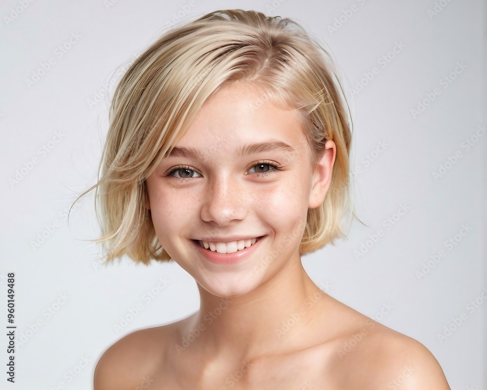 Beautiful blonde model showing her fresh skin, smiling and looking at the camera, isolated on a white background Beautiful blonde model showing her fresh skin, smiling and looking at the camera, isolated on a white background