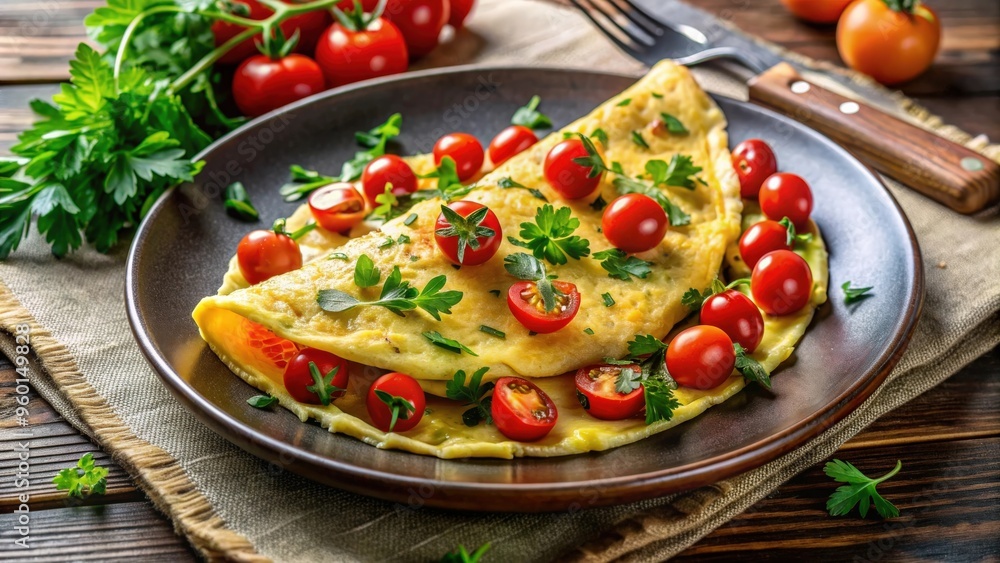 Freshly made omelette garnished with parsley and cherry tomatoes, with space for text Freshly made omelette garnished with parsley and cherry tomatoes, with space for text