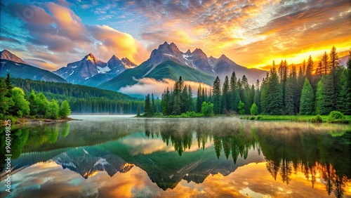 Vibrant sunrise illuminates towering mountain peaks, casting warm light on lush green forests, misty valleys, and serene lake reflections, amidst a tranquil morning atmosphere. photo