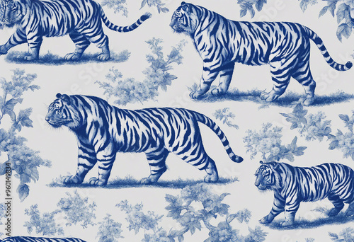 Toile de jouy motif seamless with tiger blue and white