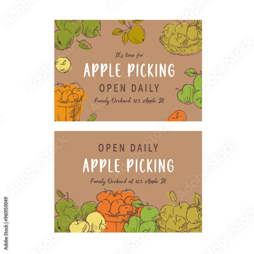 Apple picking card design, decorated with hand drawn doodle drawings of fresh ripe apples