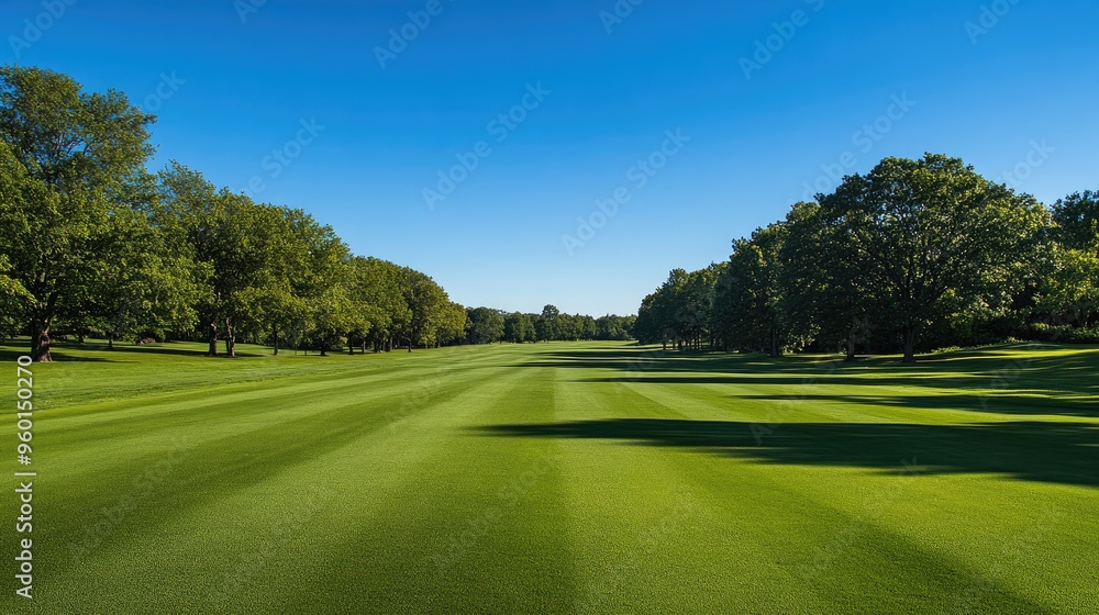 Naklejka premium Empty fairway of a golf course under a clear blue sky, with perfectly manicured grass and a peaceful ambiance.