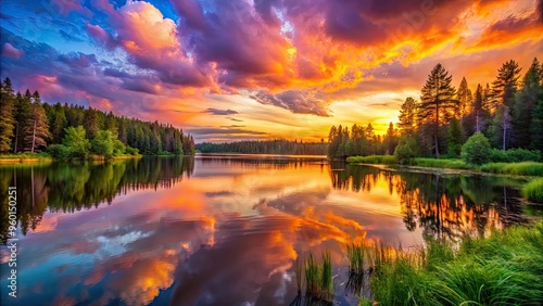 Vibrant sunset illuminates sky with warm orange, pink, and purple hues, reflected in serene lake's calm waters, surrounded by lush green forest landscape.