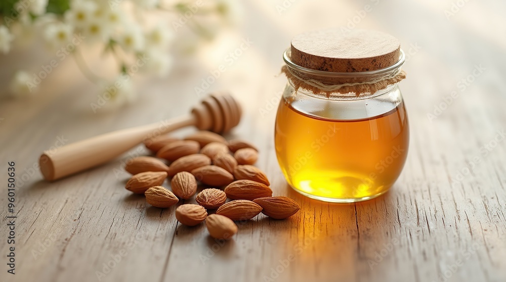Almonds and honey jar on wooden table with space for text Almonds and honey jar on wooden table with space for text