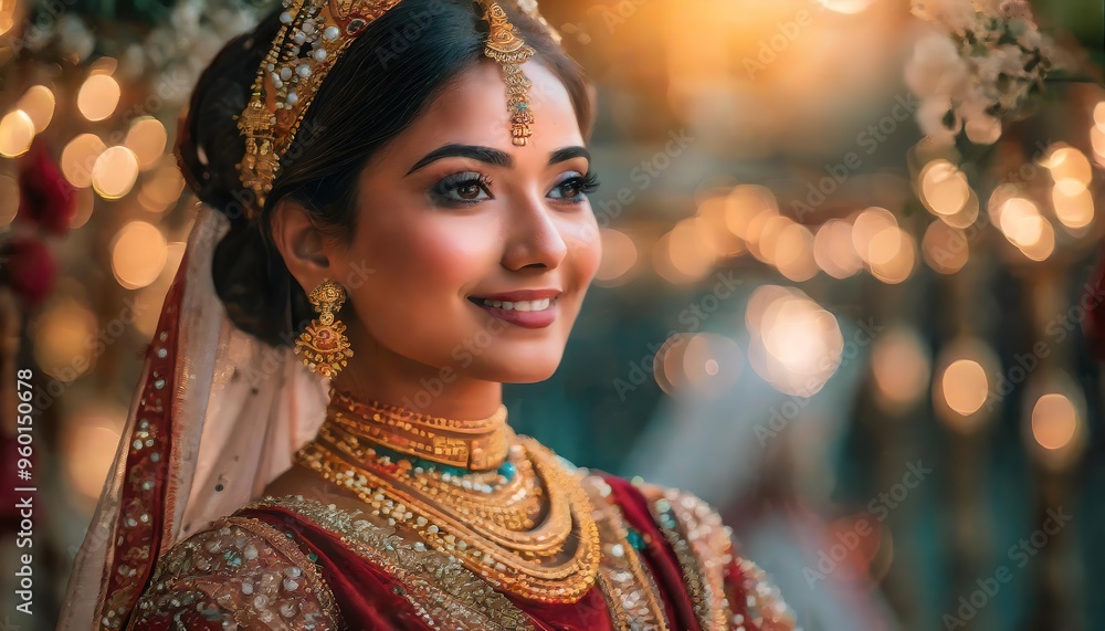 Fototapeta premium A bride in traditional attire, adorned with jewelry, capturing the essence of cultural heritage and beauty.