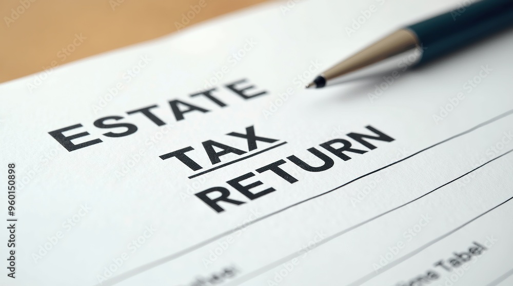 Estate tax return document with pen on desk surface Estate tax return document with pen on desk surface