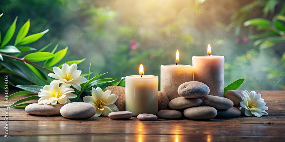 Soothing spa background with candles, flowers, and stones Soothing spa background with candles, flowers, and stones