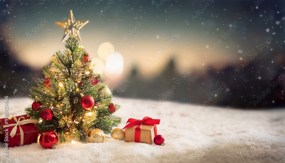 A small Christmas tree with ornaments and lights sits on a bed of snow with presents underneath. A small Christmas tree with ornaments and lights sits on a bed of snow with presents underneath.