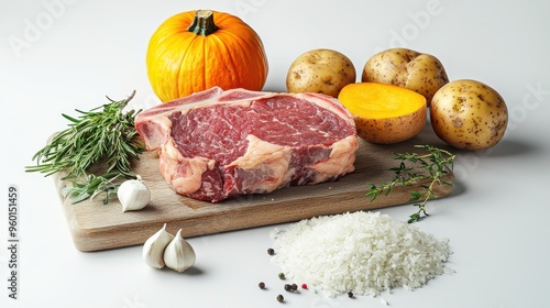 2h beef ribeye steak, two potatoes, pumpkin, a pile of rice on choppingboard, some herbs, salt around them,