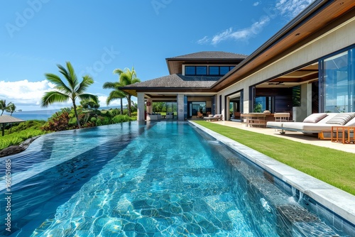 Wallpaper Mural Wide shot of back patio and pool area with open concept white craftsman home, green accents, and blue sky, captured with Canon EOS. Torontodigital.ca