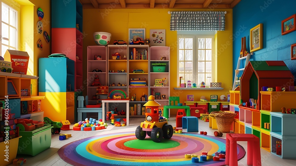 Naklejka premium Write about the vibrant energy of a playroom filled with colorful toys and furniture
